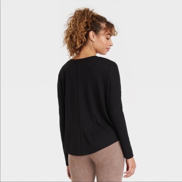 Women’s JoyLab Black Waffle Knit Tie Front Long Sleeve Top Size Small - Picture 2 of 7